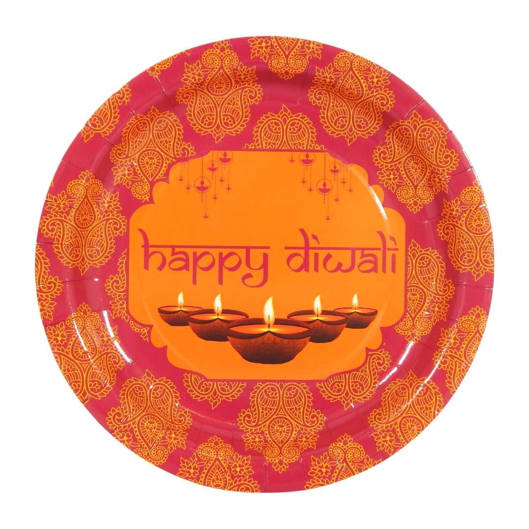 Happy Diwali Pink Party Plates (10pk) - Pink & Orange