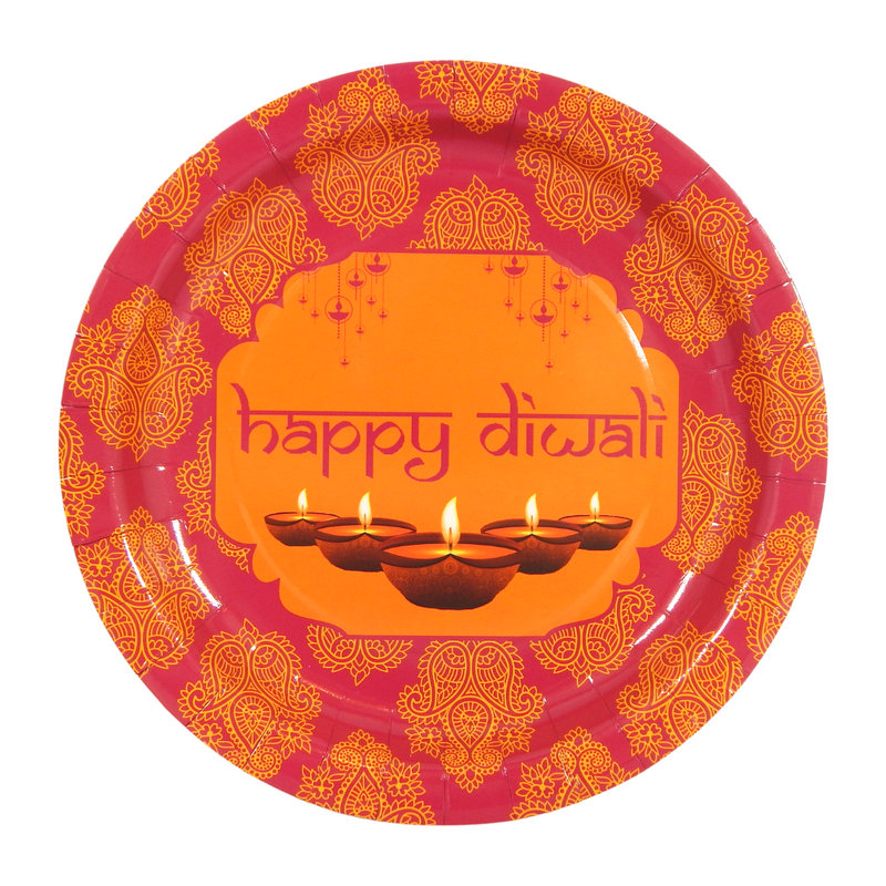 Happy Diwali Pink Party Plates (10pk) - Pink & Orange