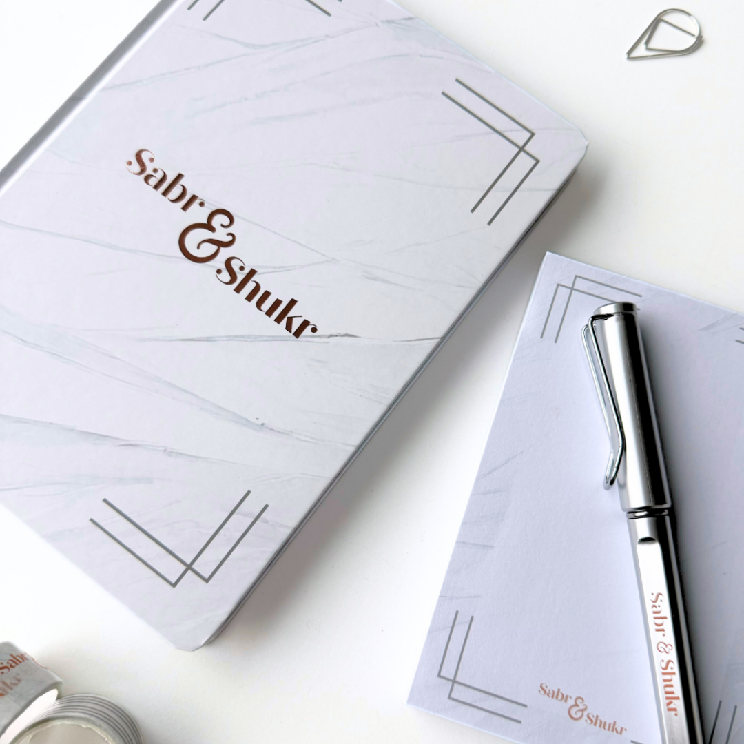 Sabr & Shukr Stationery Gift Set (Marble) - White & Rose Gold Foil