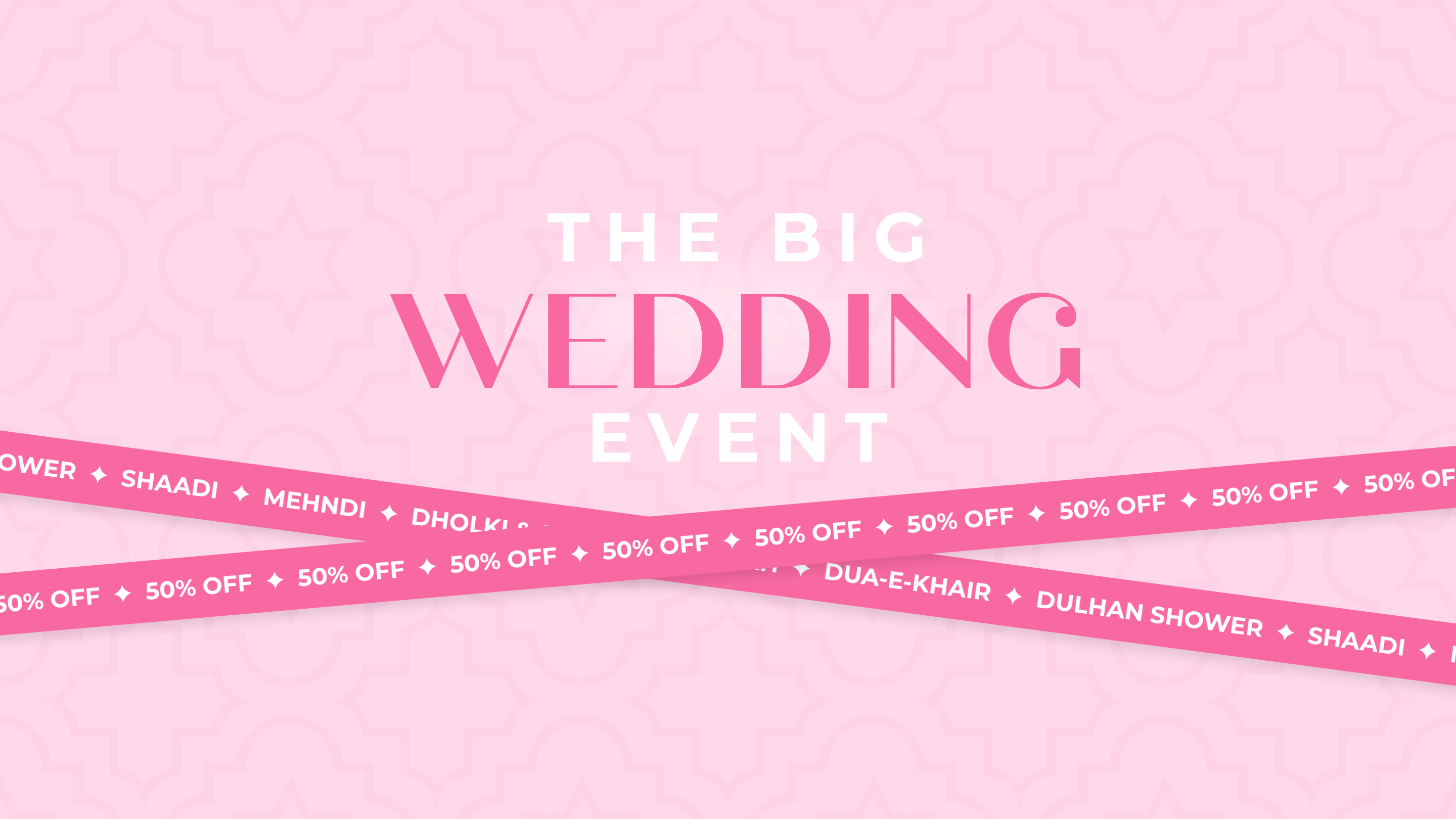 Promotional banner for 'The Big Wedding Event' with decorative ribbons on a pink background.