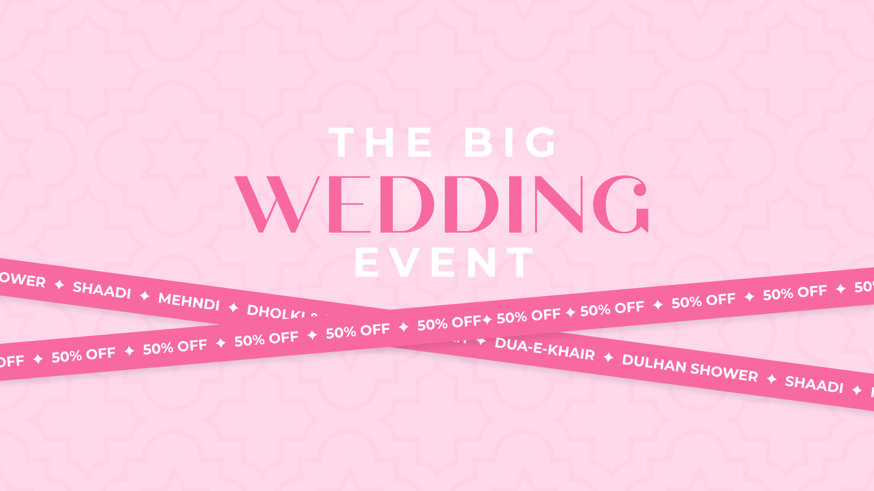 Promotional banner for 'The Big Wedding Event' with decorative ribbons on a pink background.